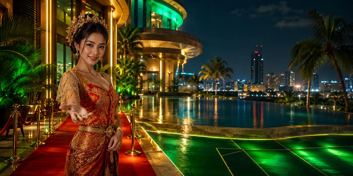 Suasana festival dan perayaan dengan dekorasi khas Asia di arena perjudian